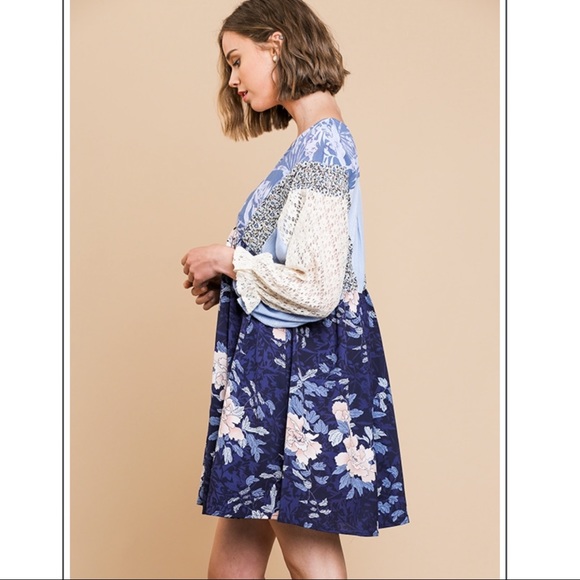 π₯HPπ₯ Mixed Print Lace Puff Sleeve Babydoll Dress - Picture 4 of 6